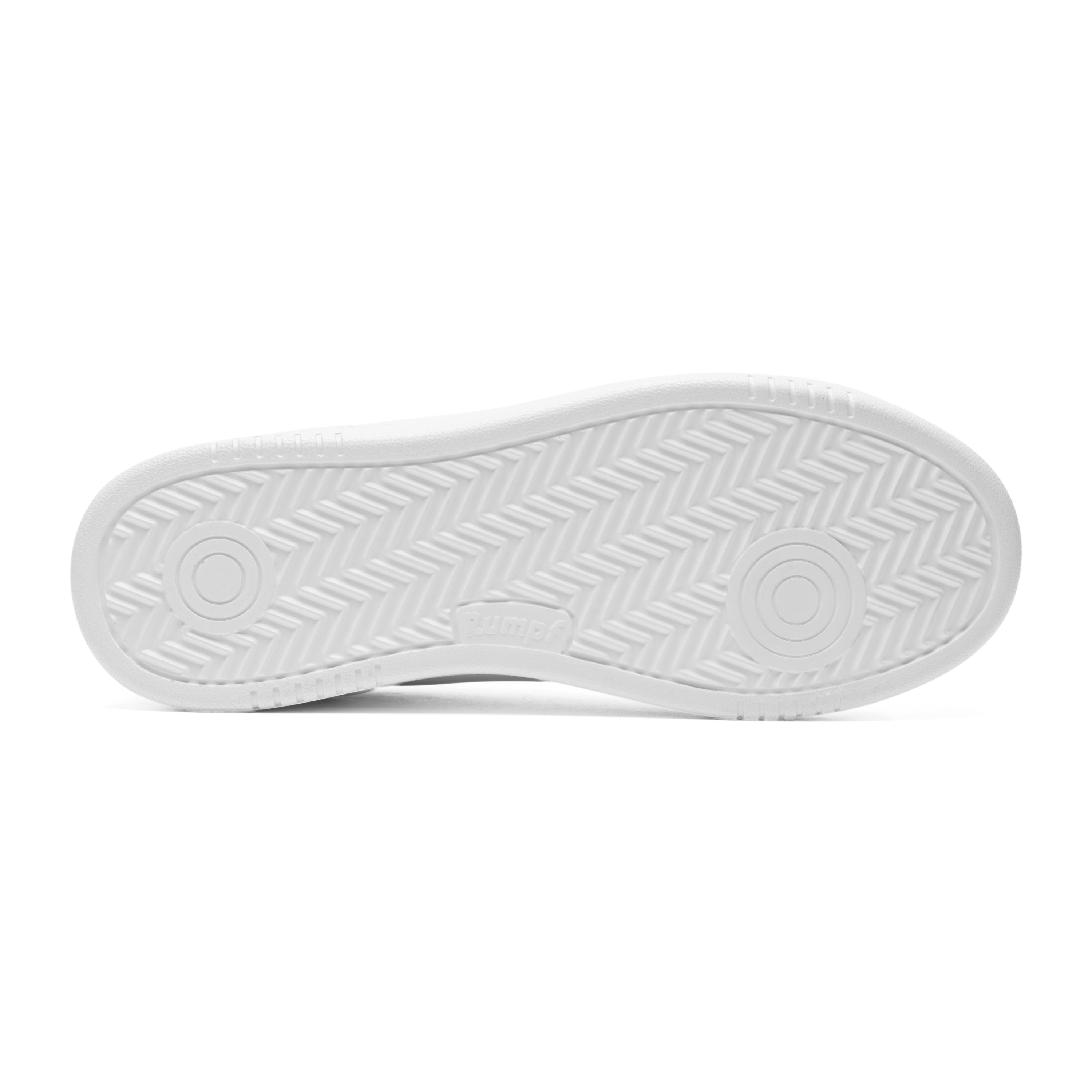 Der 1533 LA Dance Sneaker von Rumpf in Weiss hat eine Fischgrätsohle mit kreisförmigem Muster und der Prägung „Summer“.